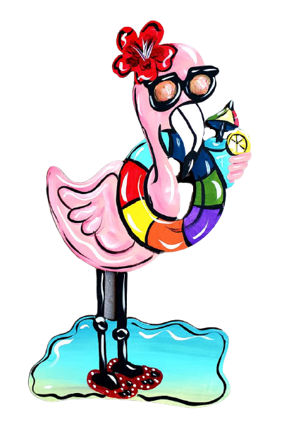 Design By Line Flamingo MDF Cutout With Sunglasses And Flower In Hair Holding Cocktail On Beach - Unfinished For DIY