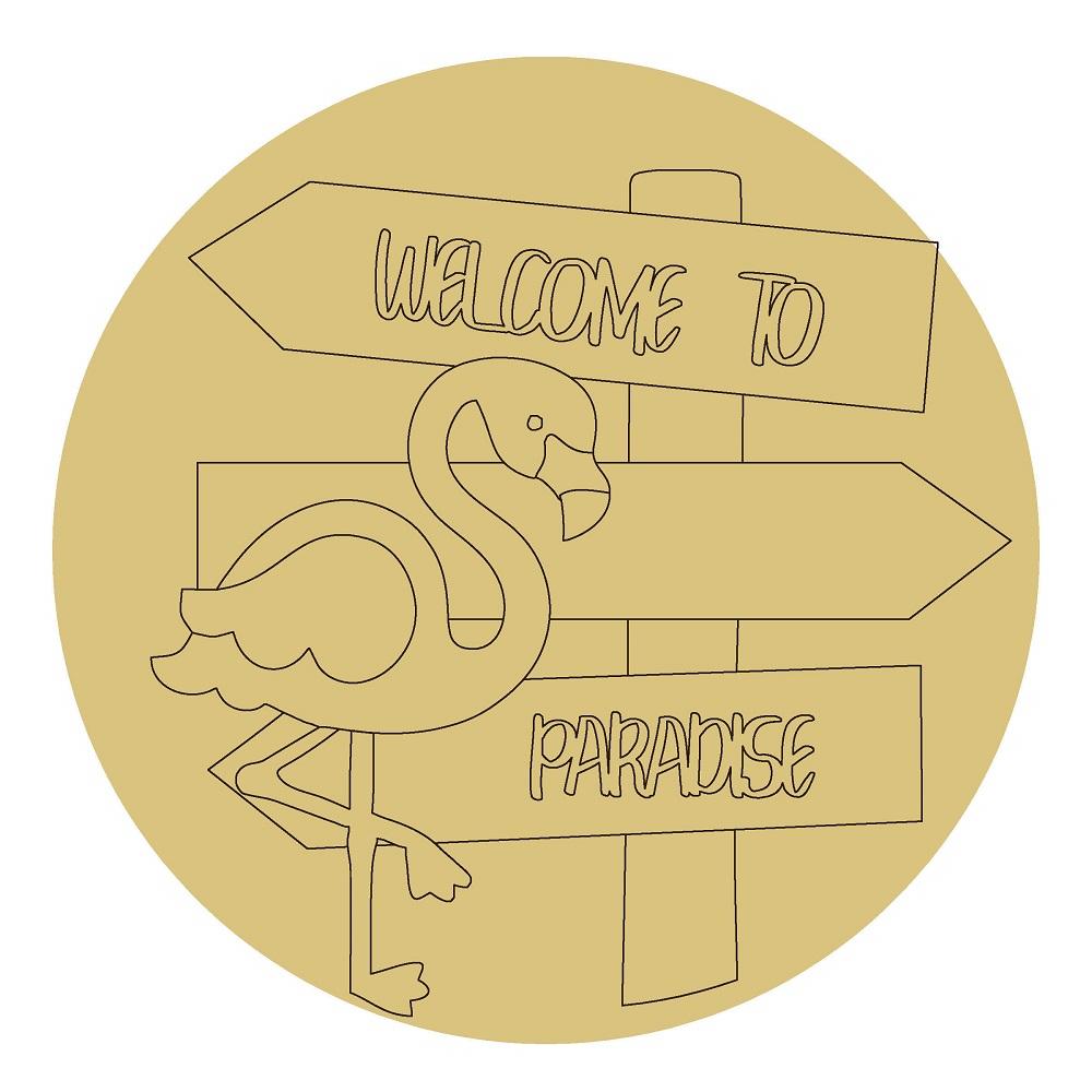Design By Line Round MDF Cutout Welcome To Paradise Sign With Flamingo - Unfinished For DIY