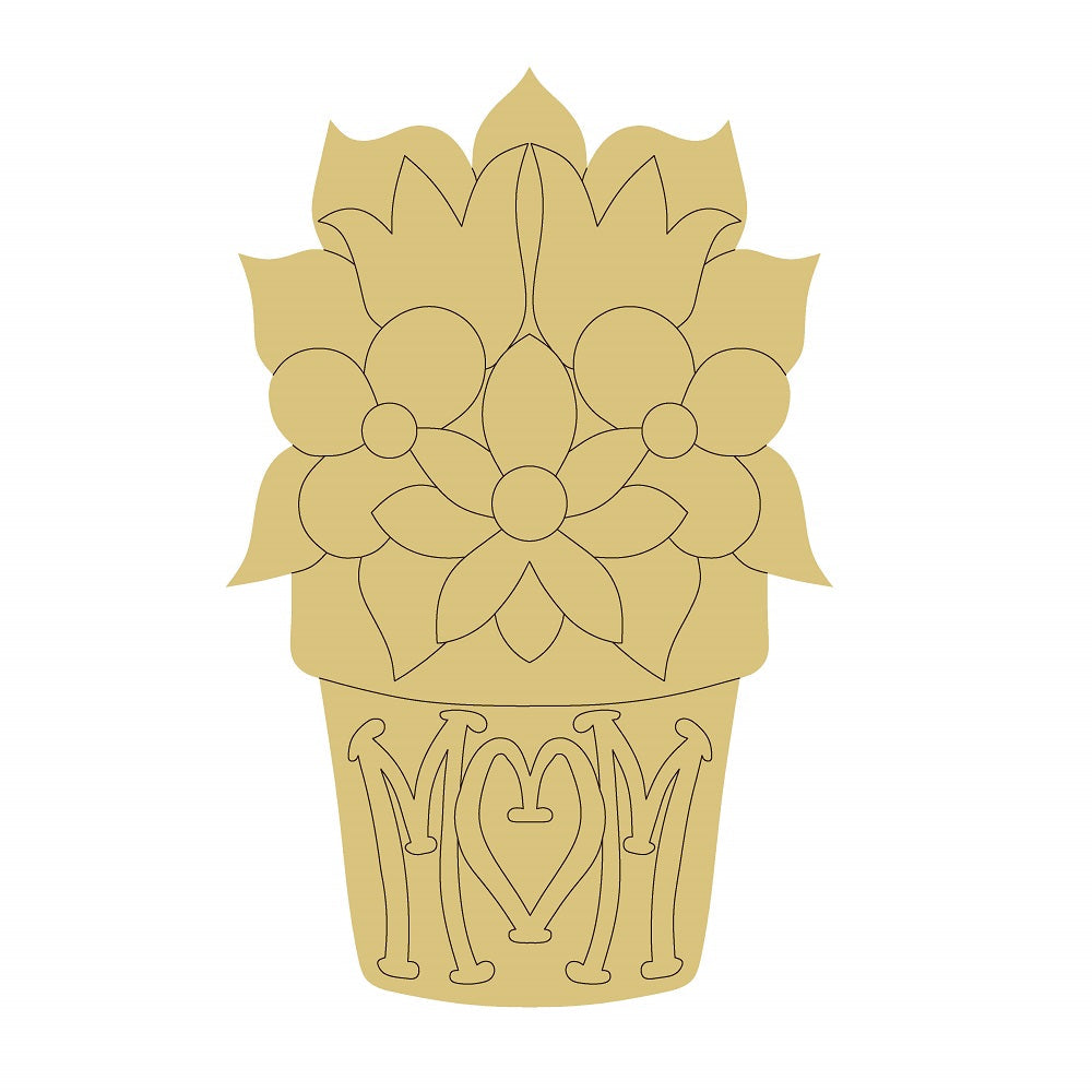 Design By Line Flower Pot MDF Cutout Mom Monogram With Floral Bouquet And Heart - Unfinished For DIY