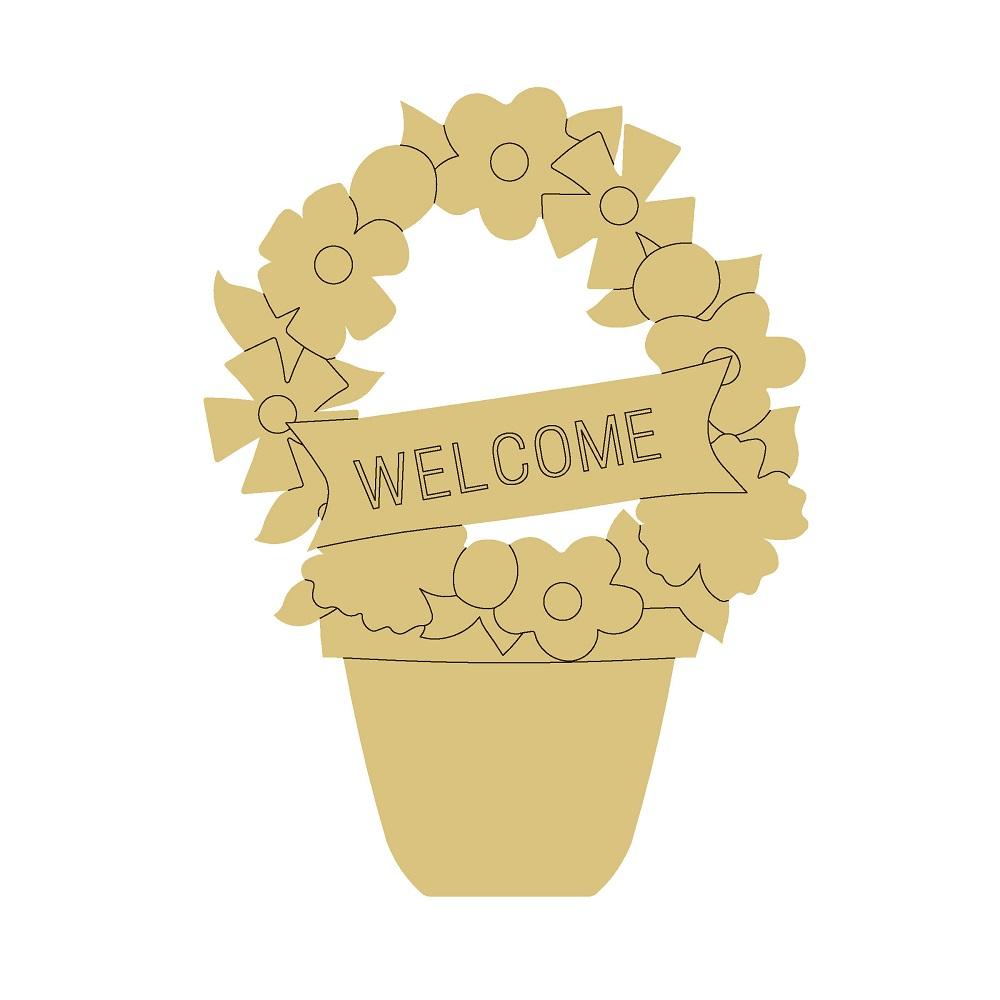 Design By Line Wreath MDF Cutout Welcome Flower Pot - Unfinished For DIY