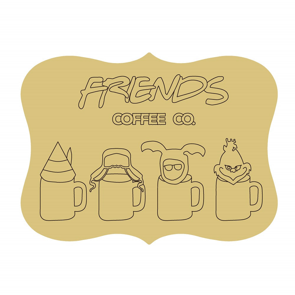 Design By Line Scalloped Plaque MDF Cutout Friends Coffee Co. Four Mugs Silhouette - Unfinished For DIY