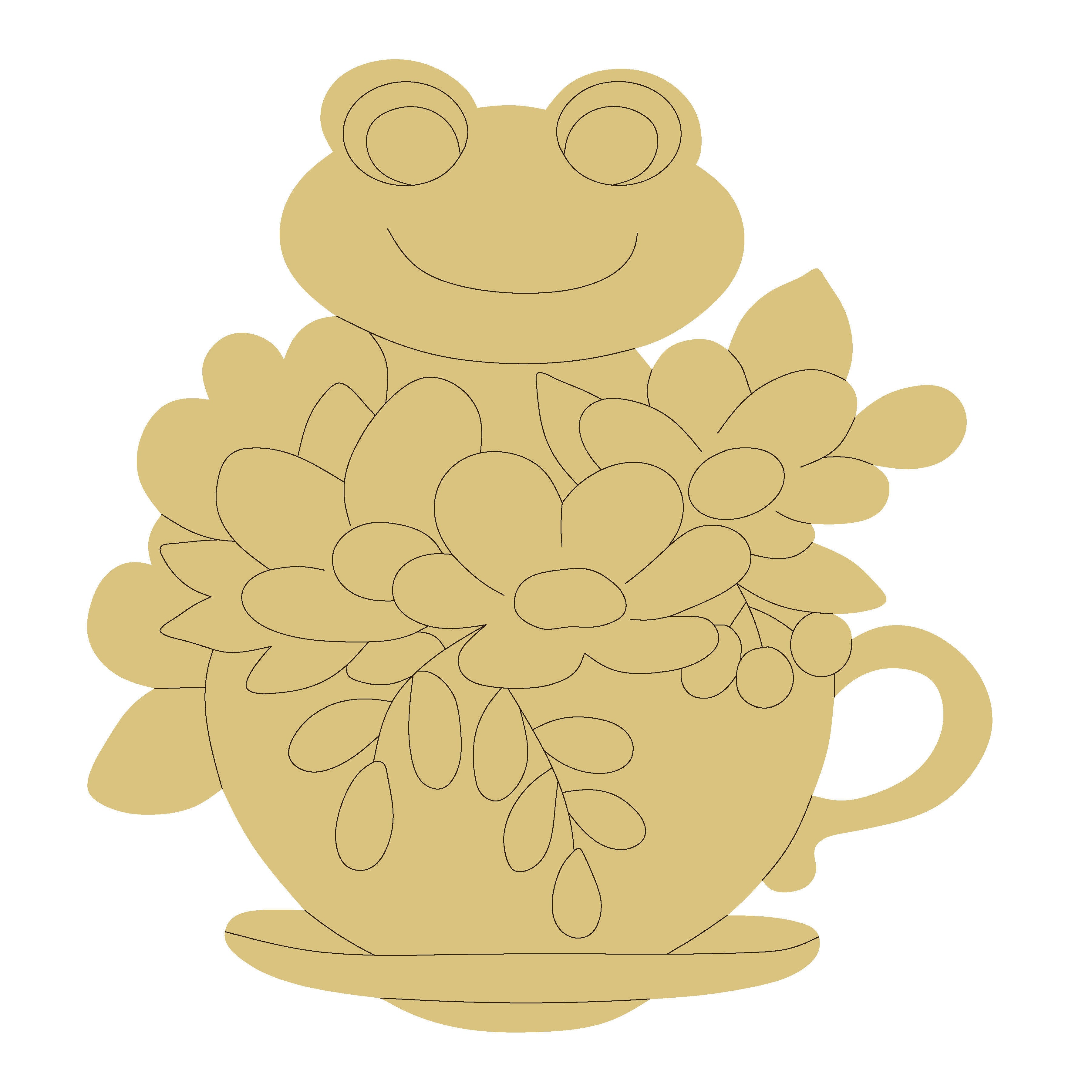 Design By Line Teacup MDF Cutout Frog With Floral Bouquet - Unfinished For DIY