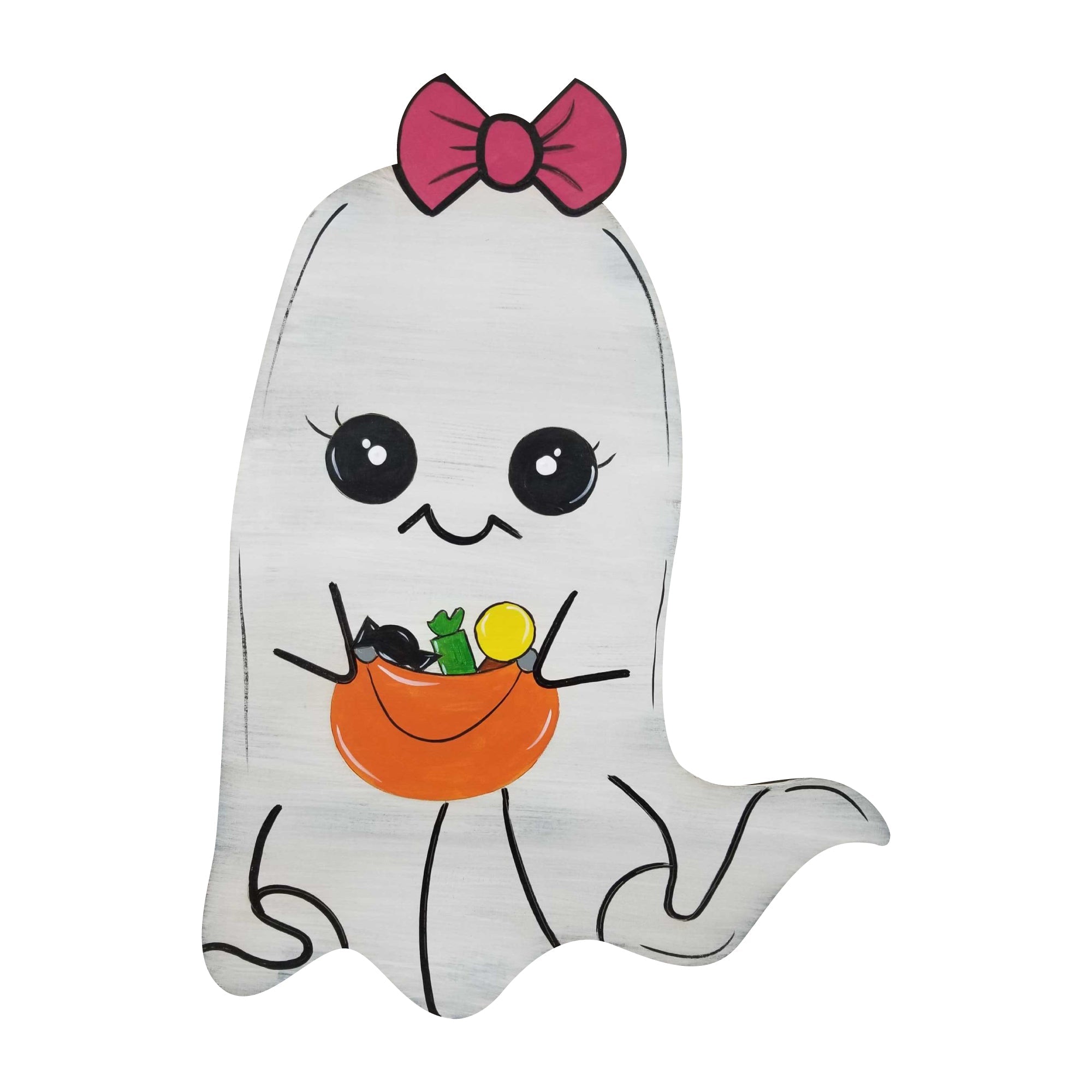 Design By Line Ghost MDF Cutout Bow-Topped Silhouette Holding Basket Of Treats - Unfinished For DIY