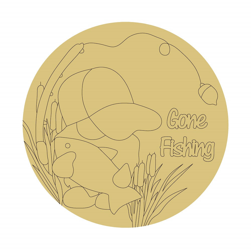 Design By Line Round MDF Cutout Gone Fishing - Unfinished For DIY