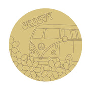 Design By Line Round MDF Cutout Groovy VW Bus With Flowers - Unfinished For DIY