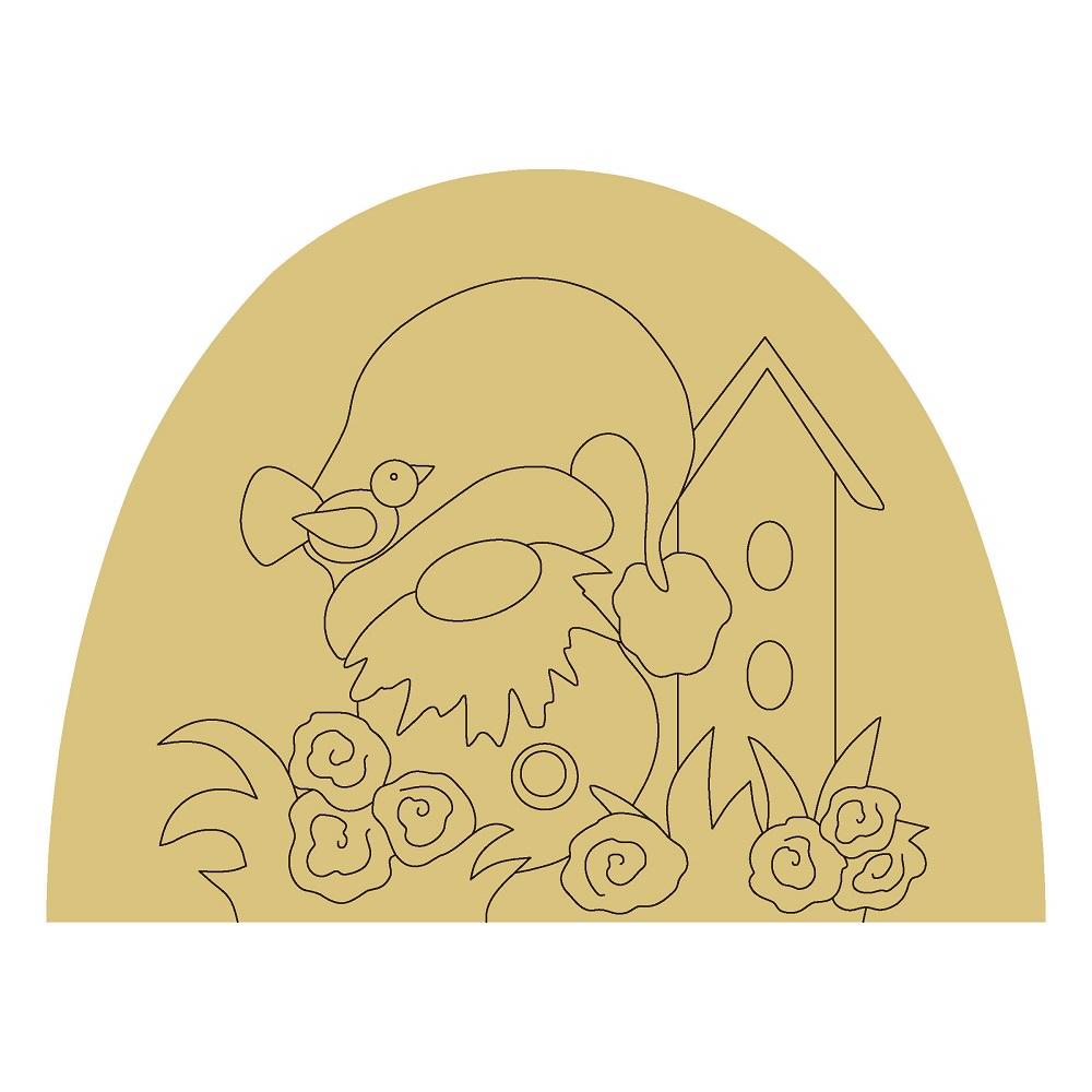 Design By Line Half Oval MDF Cutout Gnome With Bird, House And Flowers - Unfinished For DIY