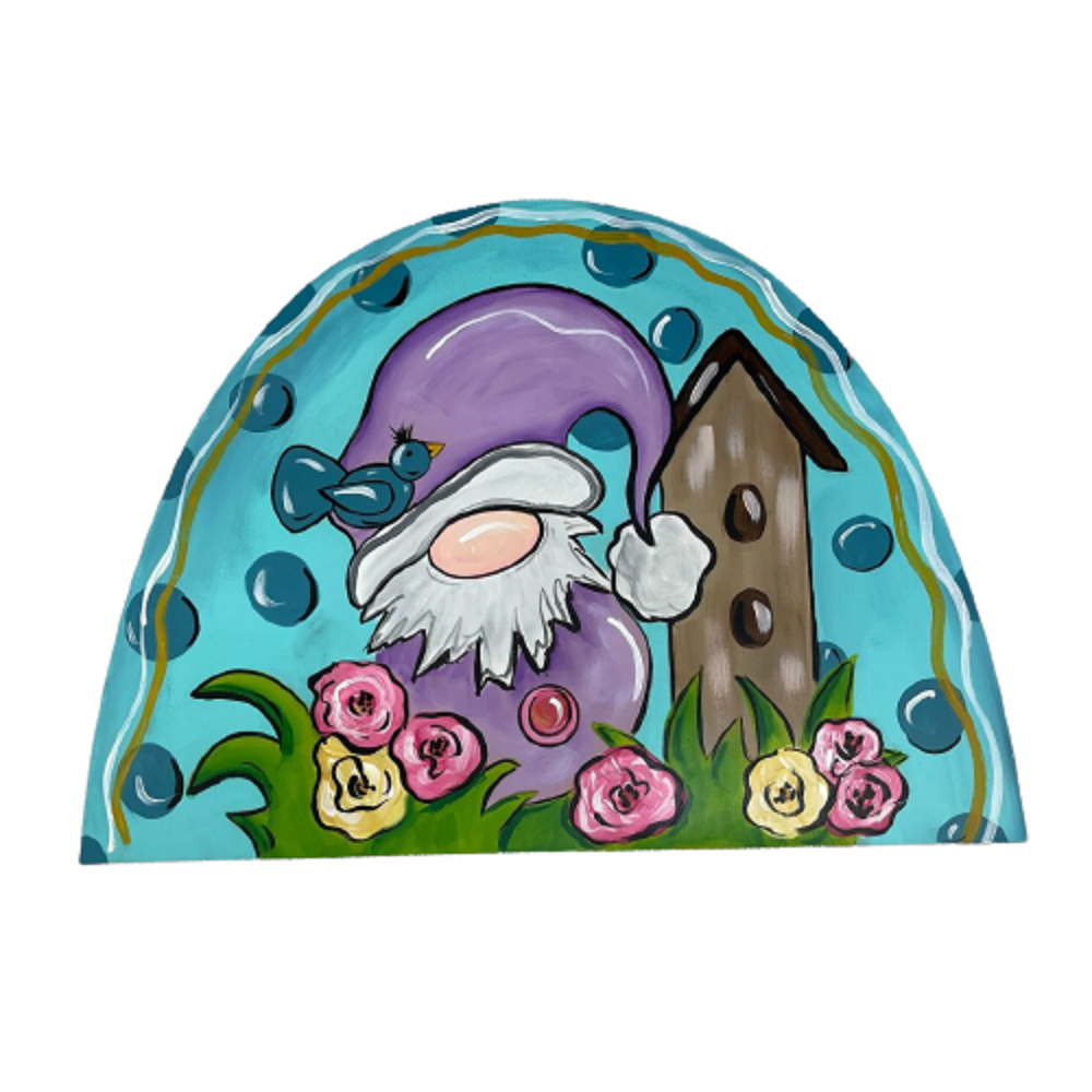 3D Design By Line Half Oval MDF Cutout Gnome With Birdhouse And Roses - Unfinished For DIY