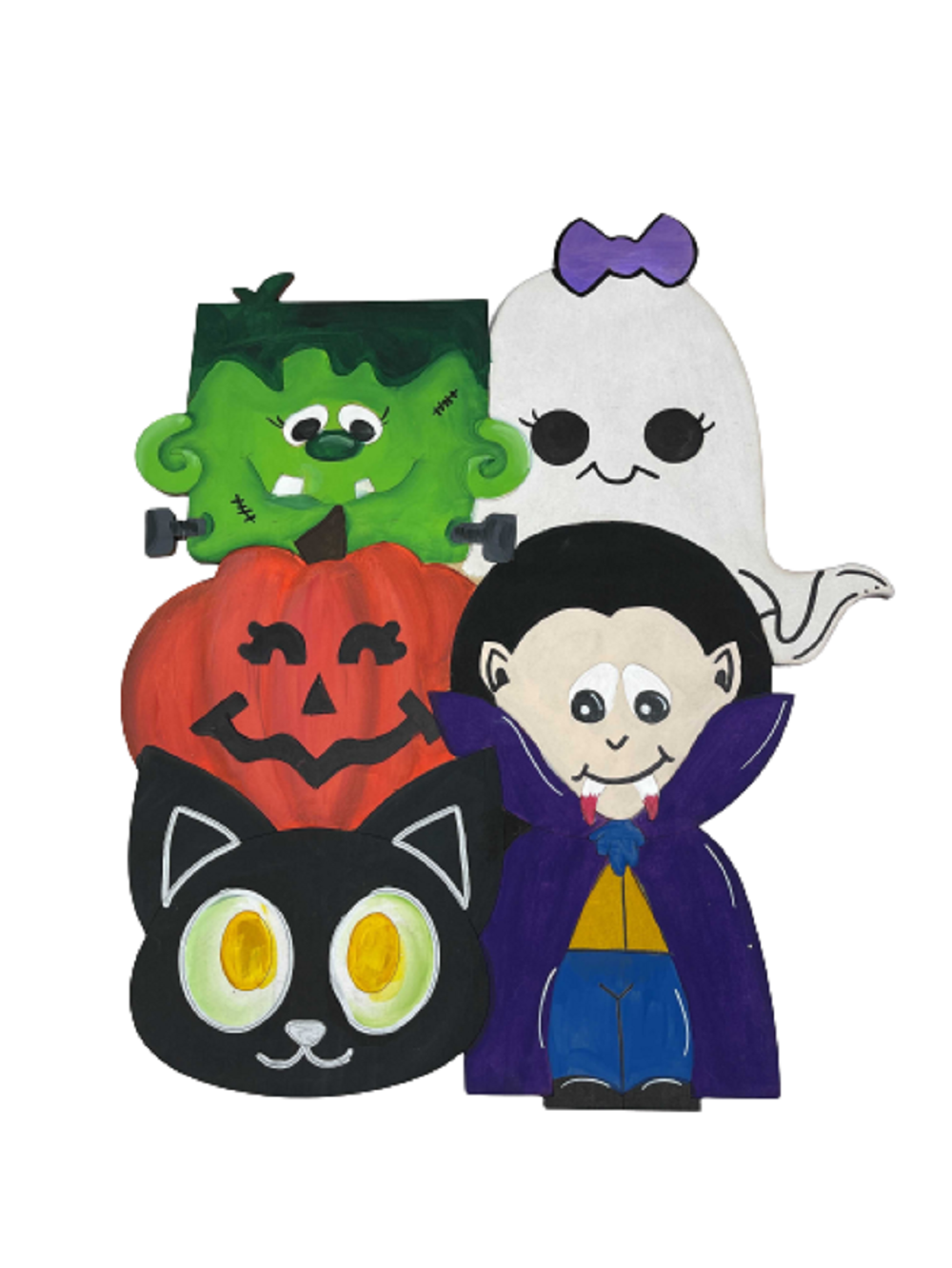 3D Design By Line Collage MDF Cutout Halloween Characters - Ghost, Frankenstein, Vampire, Pumpkin and Cat - Unfinished For DIY