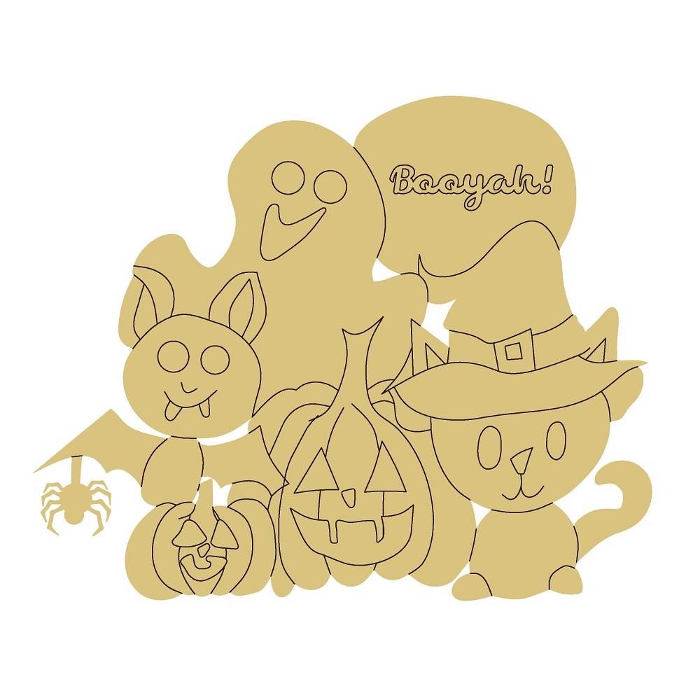 Design By Line Group Silhouette MDF Cutout Halloween Scene With Ghost, Jack-O-Lantern, Witch Cat And Spider Bat! - Unfinished For DIY