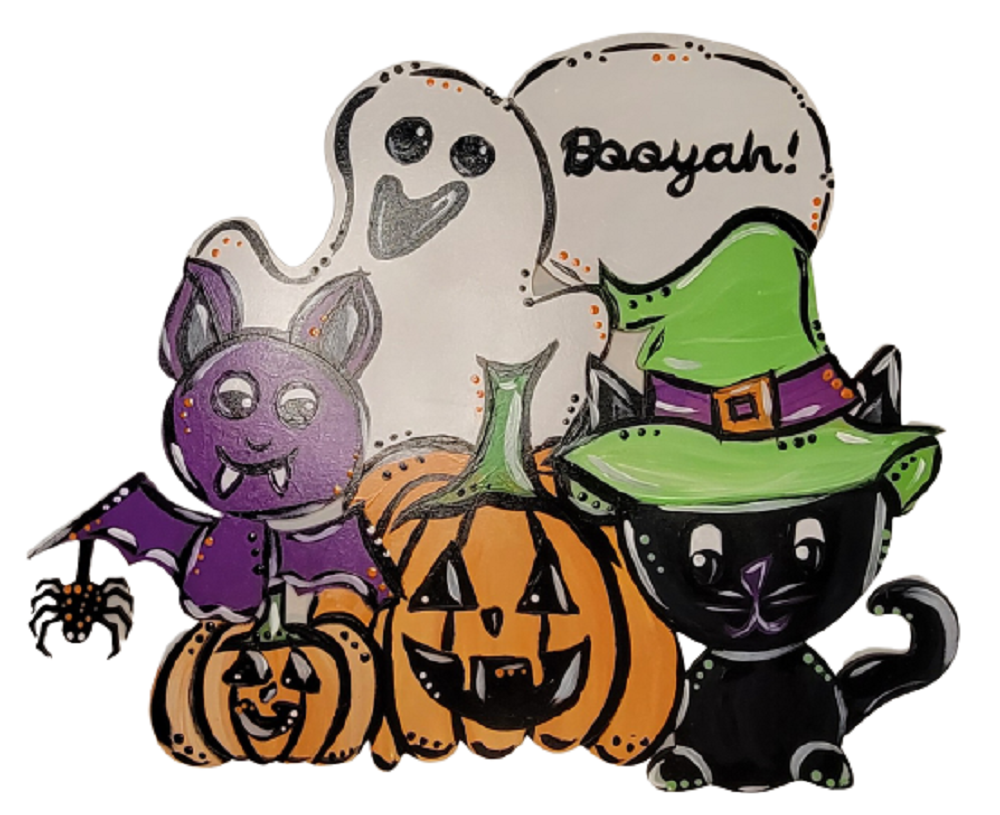 Design By Line Group Silhouette MDF Cutout Halloween Scene With Ghost, Jack-O-Lantern, Witch Cat And Spider Bat! - Unfinished For DIY
