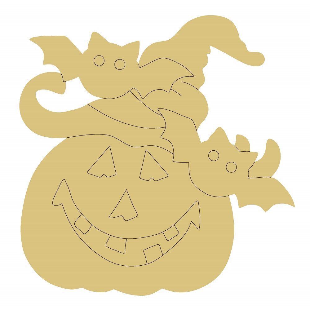 Design By Line Pumpkin MDF Cutout Halloween Jack-O-Lantern Face With Bats - Unfinished For DIY