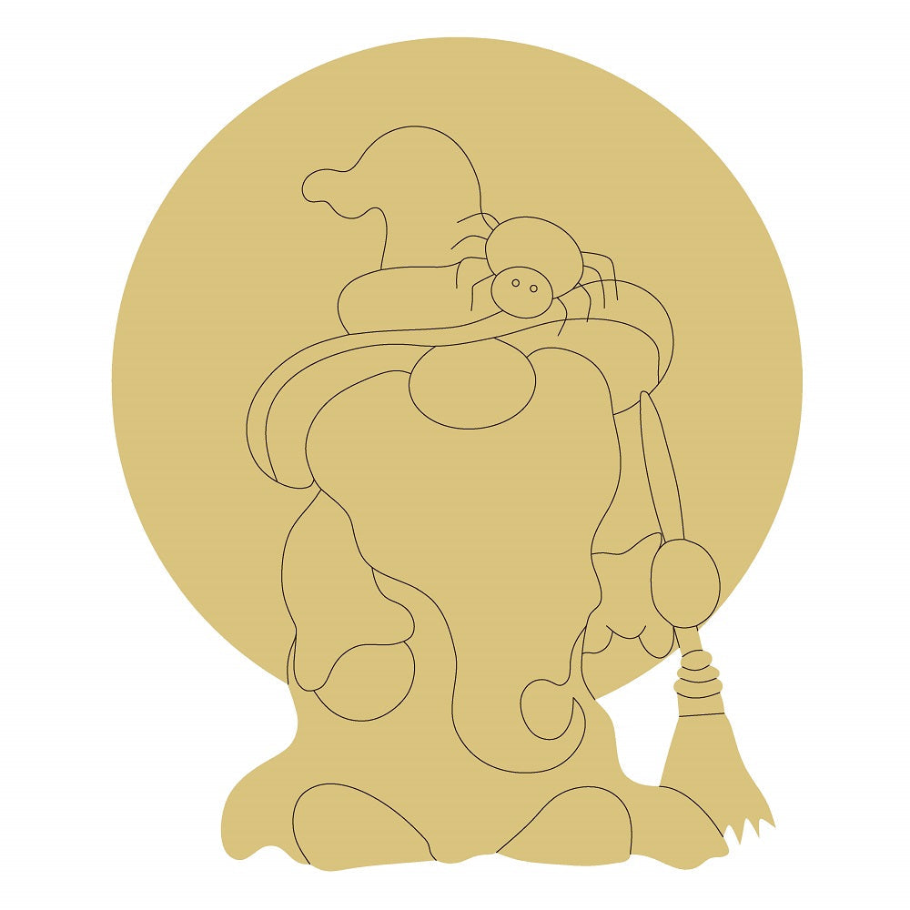Design By Line Witch Gnome MDF Cutout Halloween Moon With Broom Silhouette - Unfinished For DIY