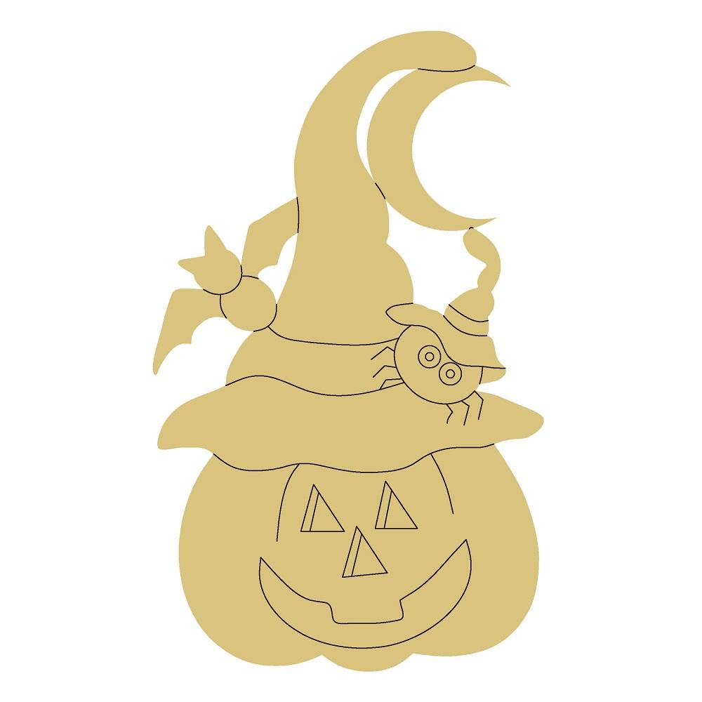 Design By Line Jack-O-Lantern MDF Cutout Halloween Pumpkin With Witch Hat And Spider - Unfinished For DIY