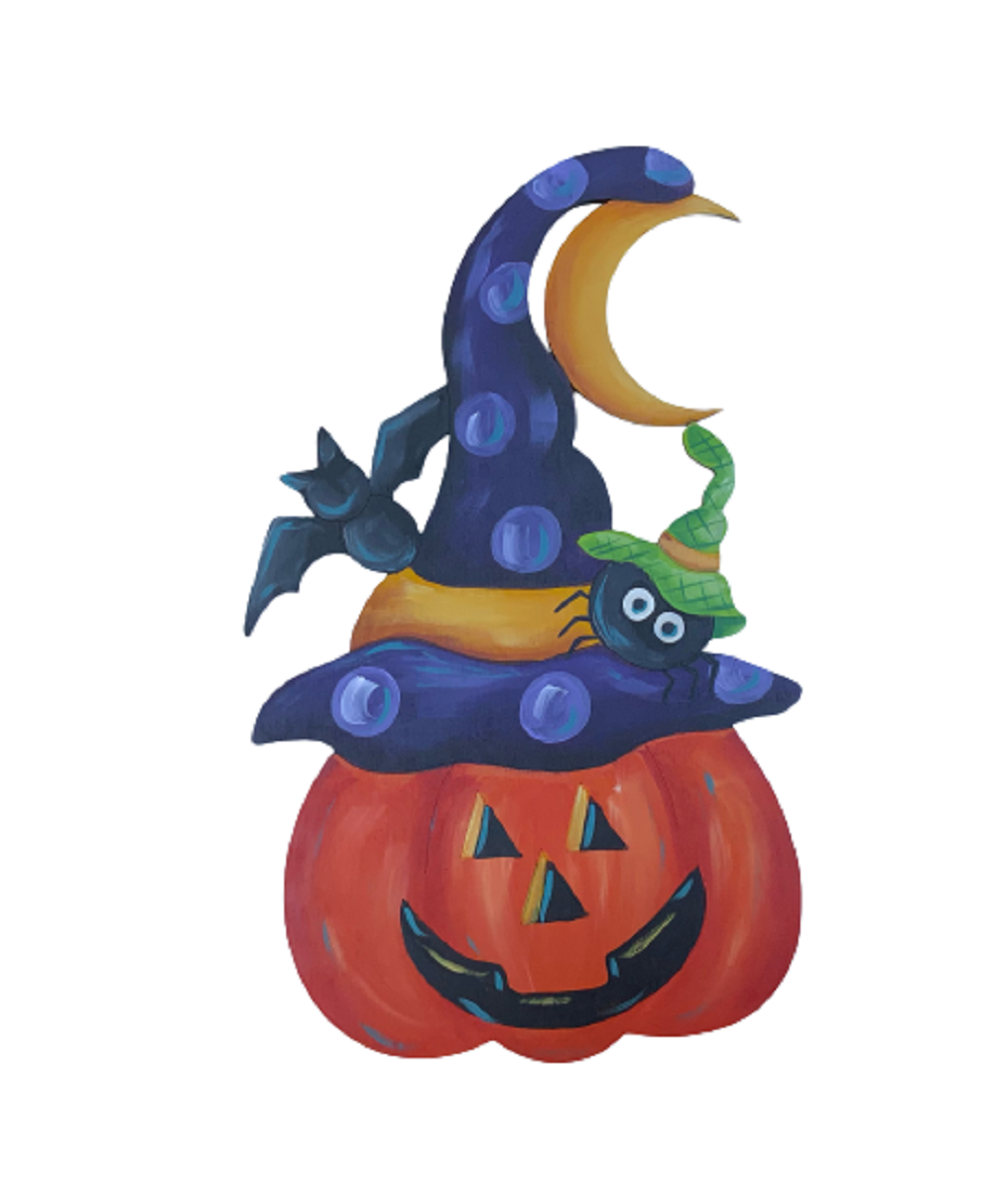 Design By Line Jack-O-Lantern MDF Cutout Halloween Pumpkin With Witch Hat And Spider - Unfinished For DIY