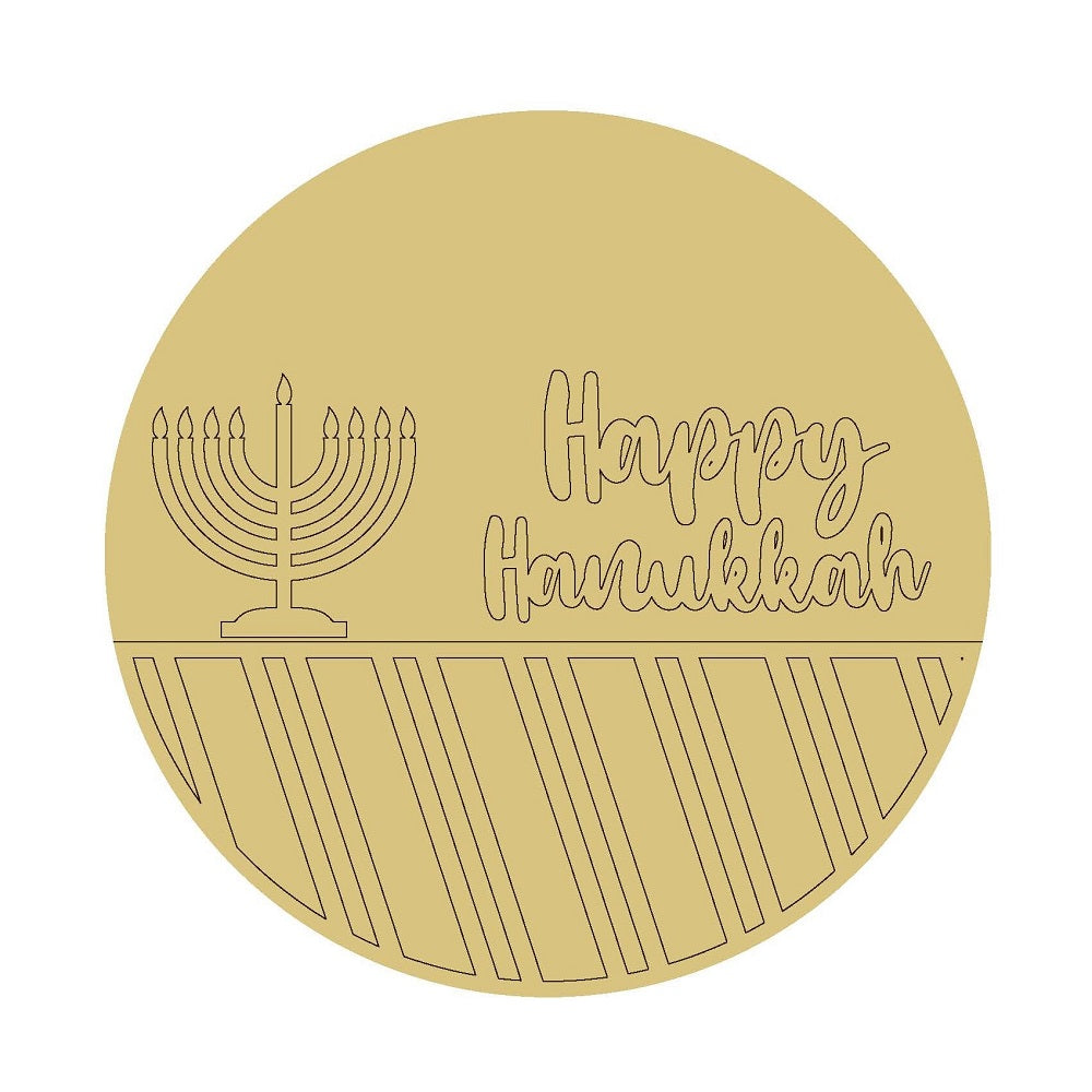 Design By Line Round MDF Cutout Happy Hanukkah With Menorah - Unfinished For DIY