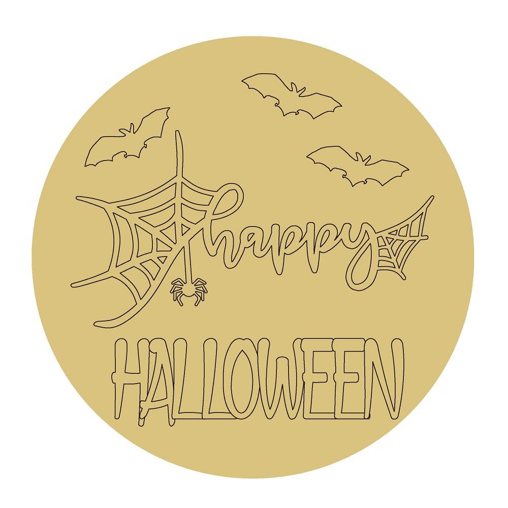 Design By Line Round MDF Cutout Happy Halloween With Bats - Unfinished For DIY