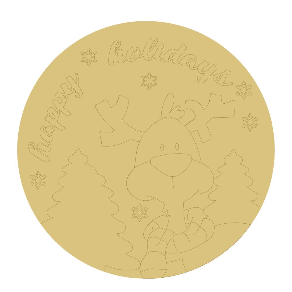 Design By Line Round MDF Cutout Happy Holidays Reindeer Scene With Snowflakes And Trees - Unfinished For DIY