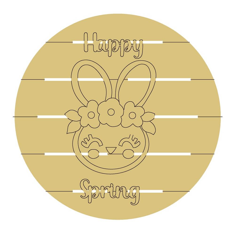 Design By Line Round MDF Cutout Bunny With Flower Crown And Happy Spring - Unfinished For DIY