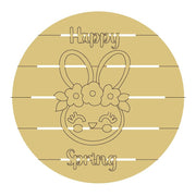 Design By Line Round MDF Cutout Bunny With Flower Crown And Happy Spring - Unfinished For DIY