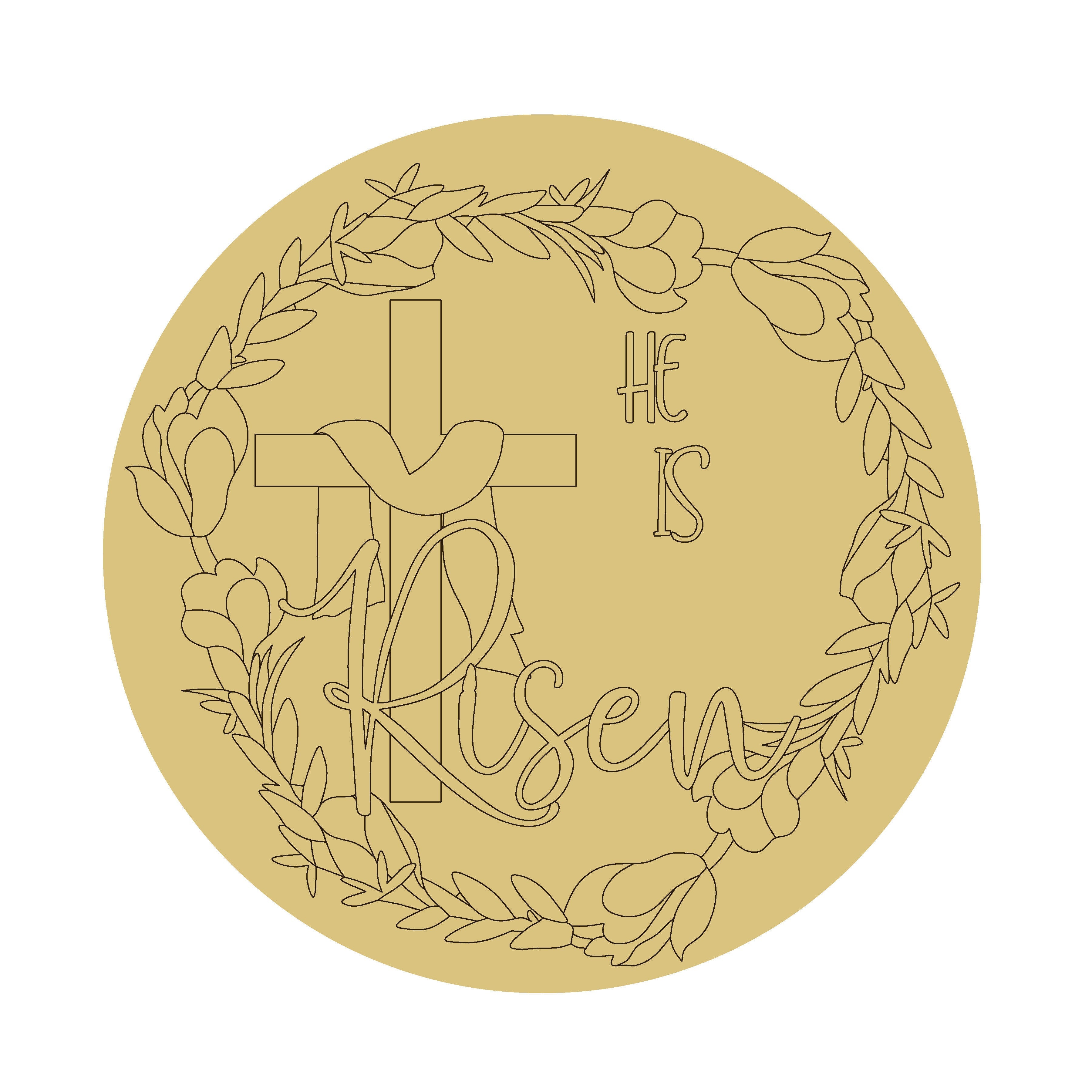 Design By Line Round MDF Cutout He Is Risen Cross - Unfinished For DIY