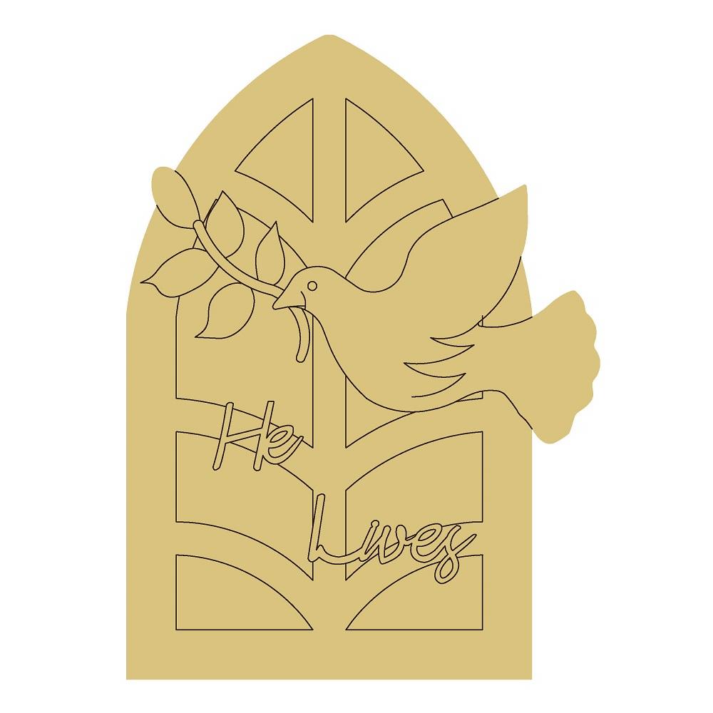 Design By Line Window MDF Cutout Dove On Branch With Olive Leaves And Script Lives - Unfinished For DIY