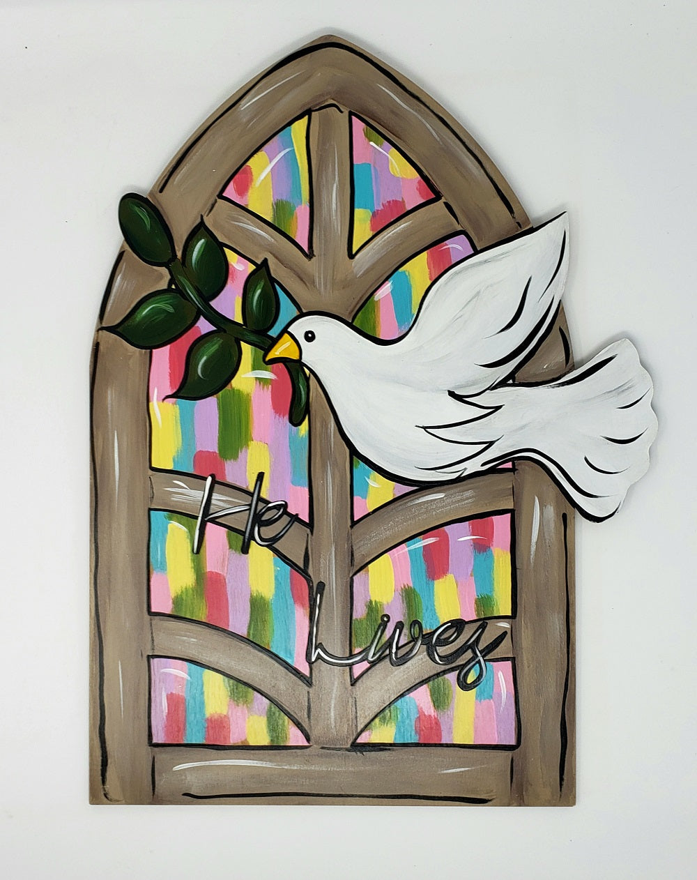 Design By Line Window MDF Cutout Dove On Branch With Olive Leaves And Script Lives - Unfinished For DIY