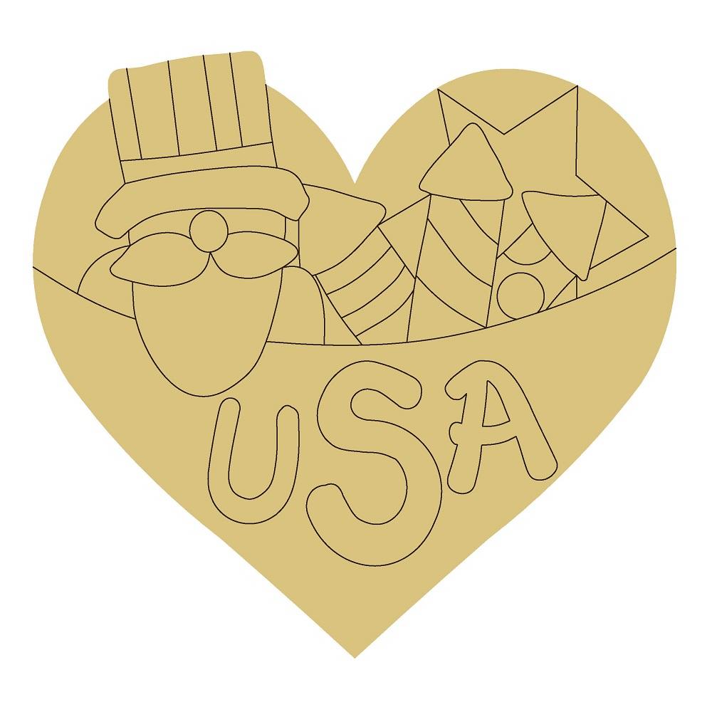 Design By Line Heart MDF Cutout Uncle Sam With Fireworks And USA - Unfinished For DIY