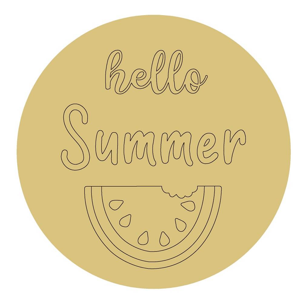 Design By Line Round MDF Cutout Hello Summer With Watermelon - Unfinished For DIY
