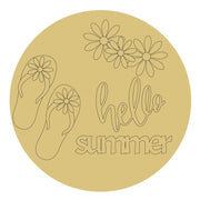 Design By Line Round MDF Cutout Floral Flip-Flops With Daisy Clusters And Script Greeting - Unfinished For DIY