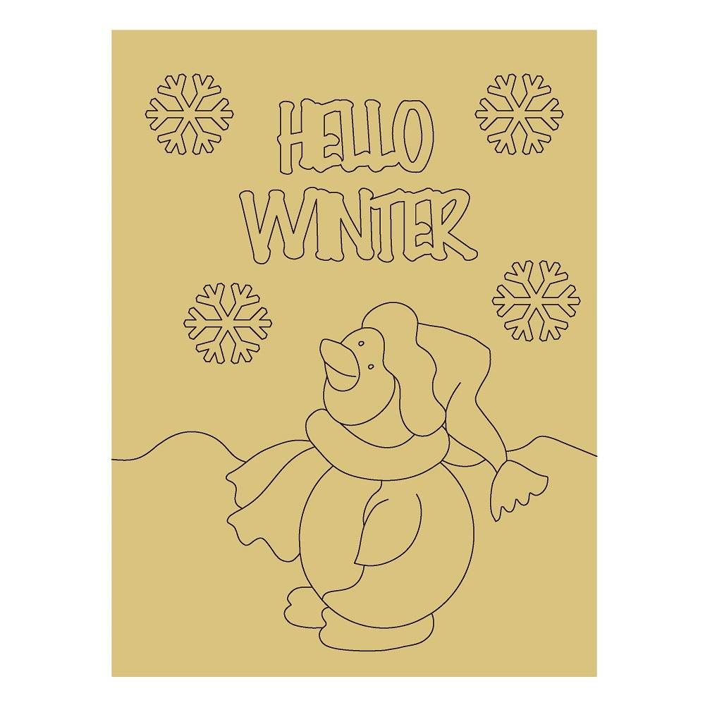 Design By Line Rectangle MDF Cutout Hello Winter Penguin Scene With Snowflakes - Unfinished For DIY