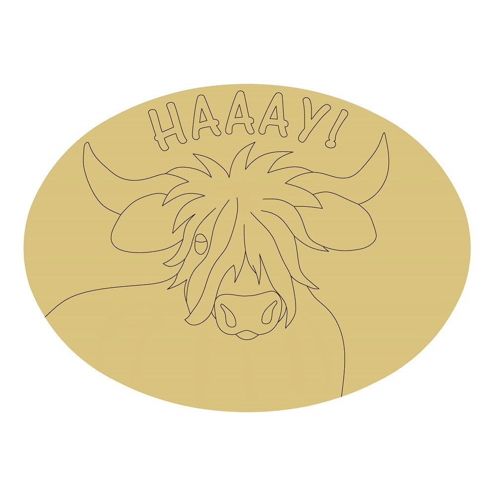 Design By Line Oval MDF Cutout Highland Cow Haaay! - Unfinished For DIY
