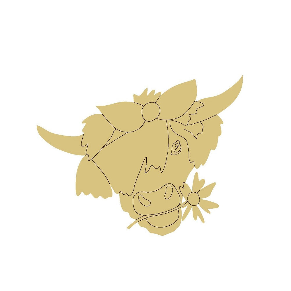 Design By Line Cow MDF Cutout Highlander Cow With Bow On Head And Flower In mouth - Unfinished For DIY