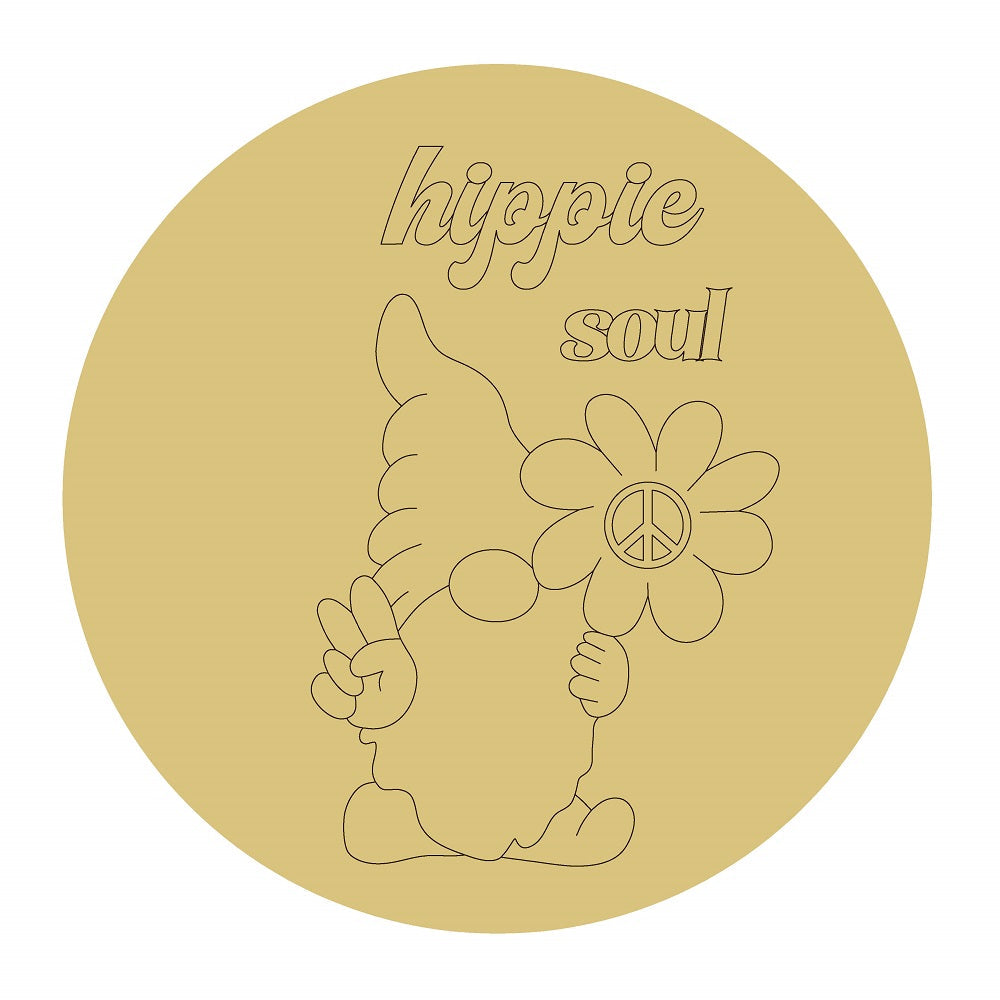 Design By Line Round MDF Cutout Hippie Soul Gnome With Flower And Peace Sign - Unfinished For DIY