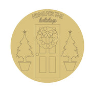 Design By Line Round MDF Cutout Home For The Holidays Wreath On Front Door With Two Potted Trees - Unfinished For DIY