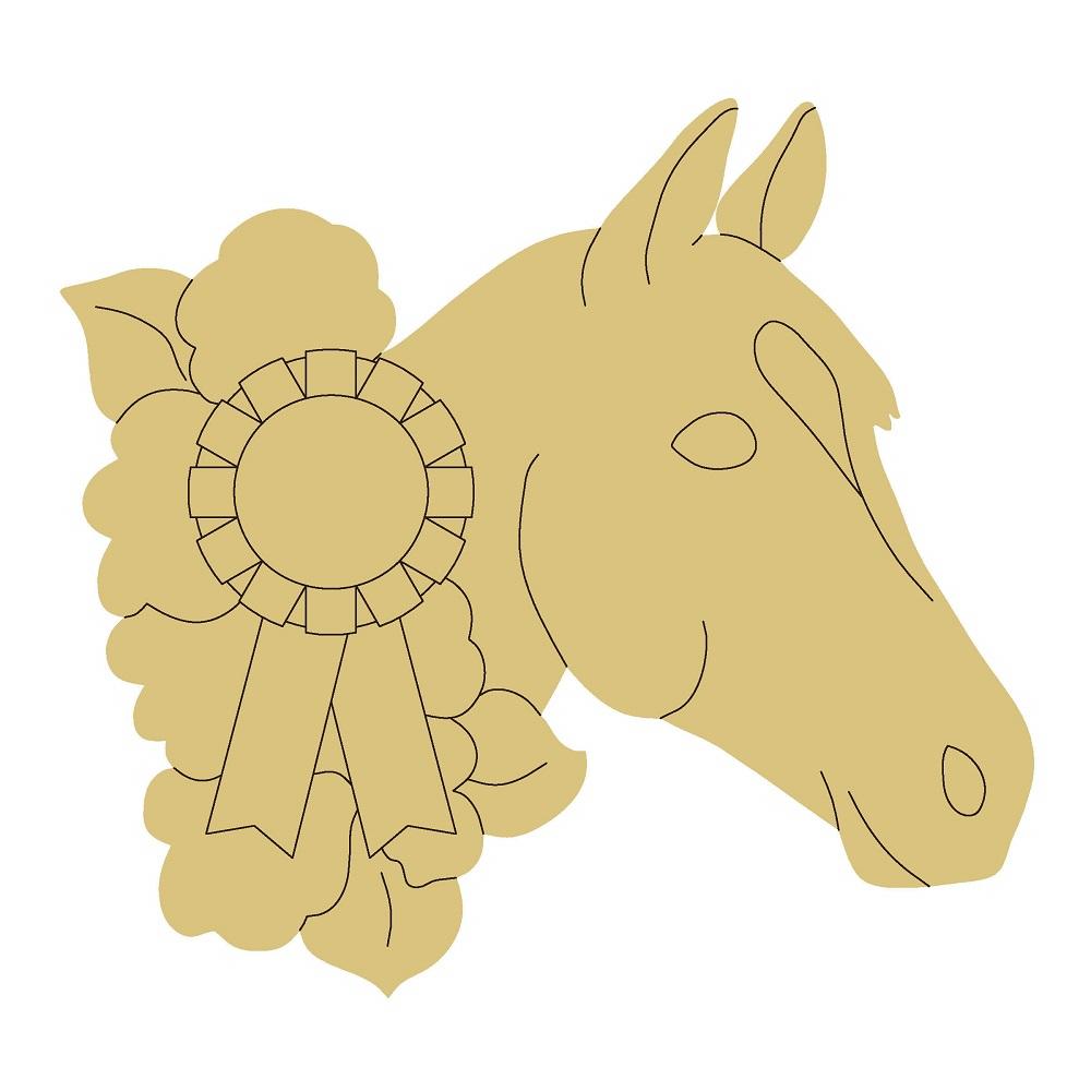 Design By Line Horse Head MDF Cutout With Rosette Ribbon - Unfinished For DIY