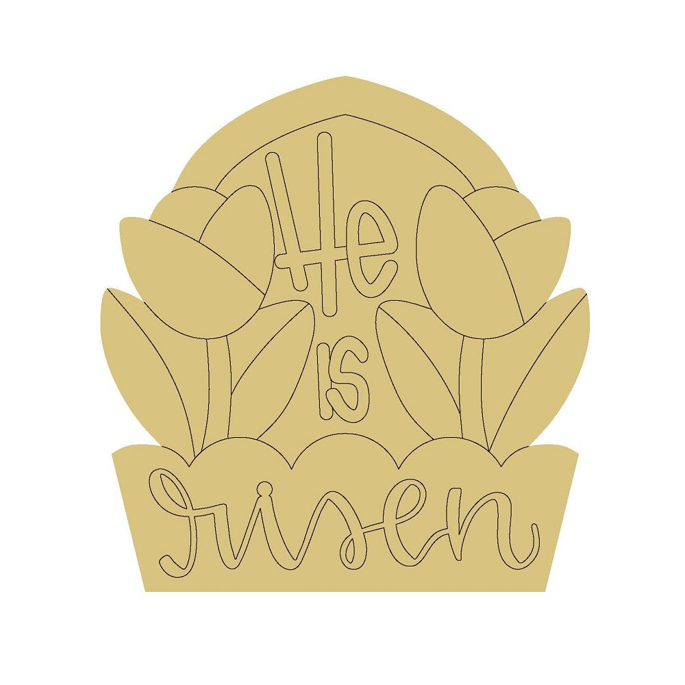 Design By Line He Is Risen MDF Cutout With Cross And Tulips - Unfinished For DIY