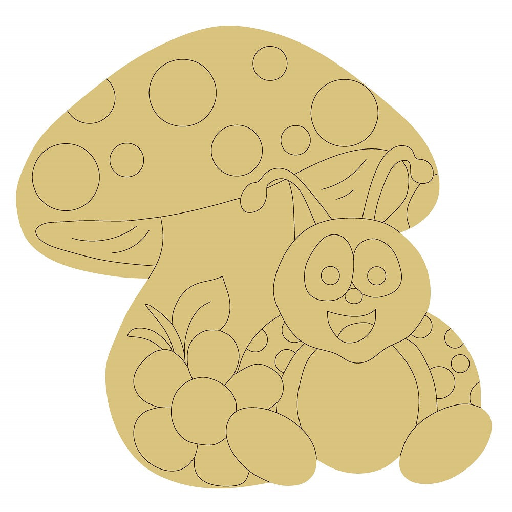 Design By Line Mushroom MDF Cutout Lady Bug Sitting In Front of a  Mushroom With Flowers - Unfinished For DIY
