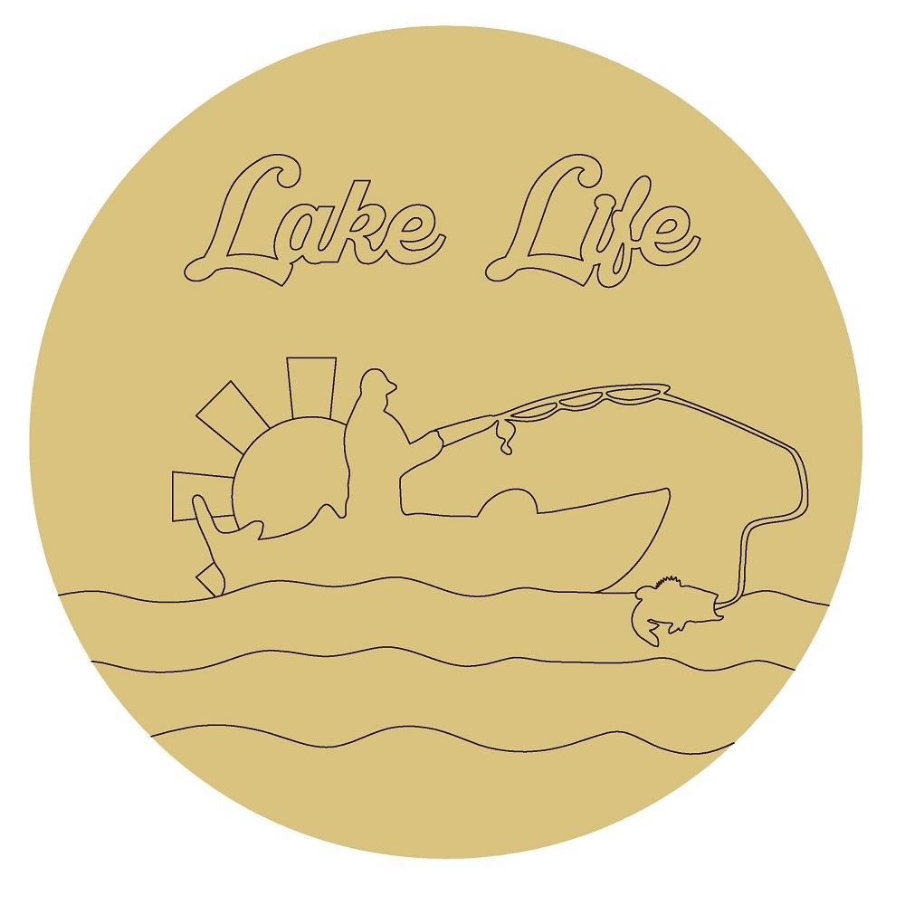 Design By Line Round MDF Cutout Lake Life Fisherman On Boat - Unfinished For DIY
