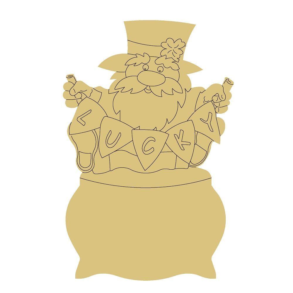 Design By Line Pot Of Gold MDF Cutout Leprechaun With Luck Banner - Unfinished For DIY