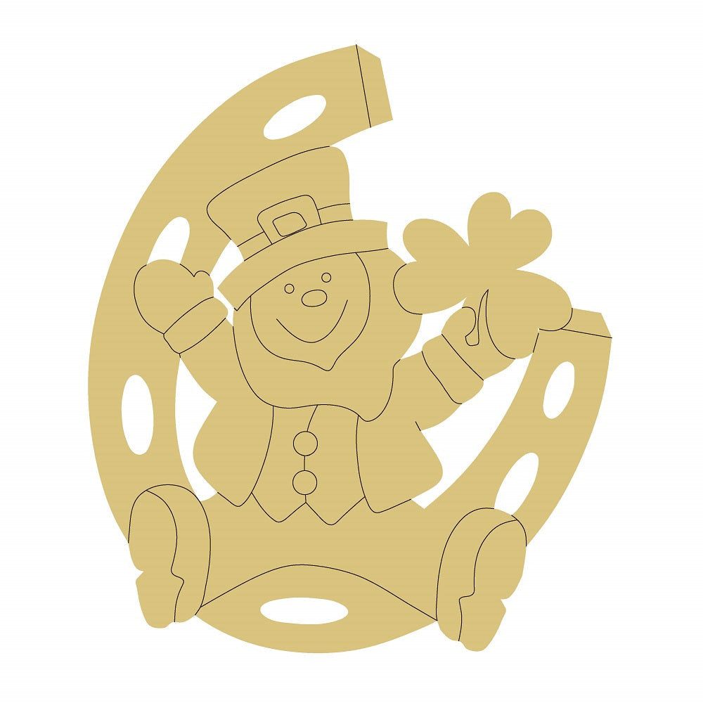Design By Line Round MDF Cutout Leprechaun With Shamrock sitting on a horseshoe - Unfinished For DIY