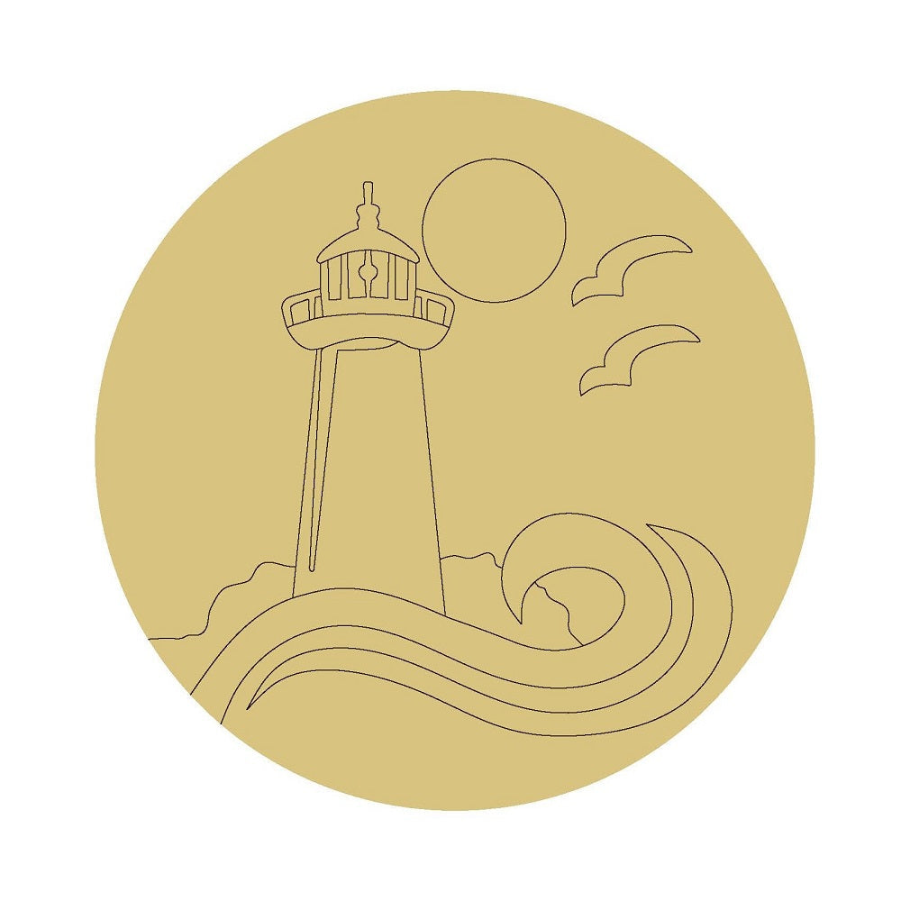 Design By Line Round MDF Cutout Lighthouse Seascape With Sun And Waves - Unfinished For DIY