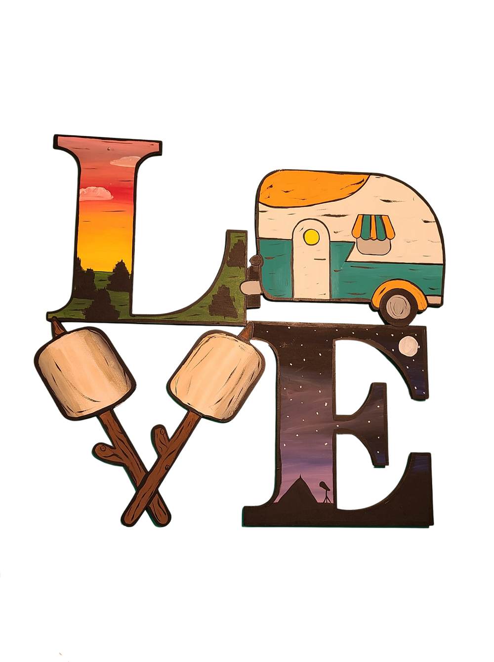 3D Word Love MDF Cutout With Camper and Marshmellows On Sticks - Unfinished For DIY