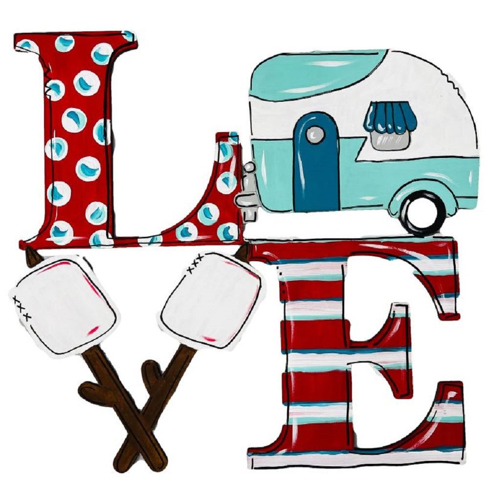 3D Word Love MDF Cutout With Camper and Marshmellows On Sticks - Unfinished For DIY