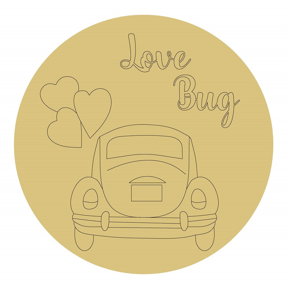 Design By Line Round MDF Cutout Love Bug Car With Hearts - Unfinished For DIY