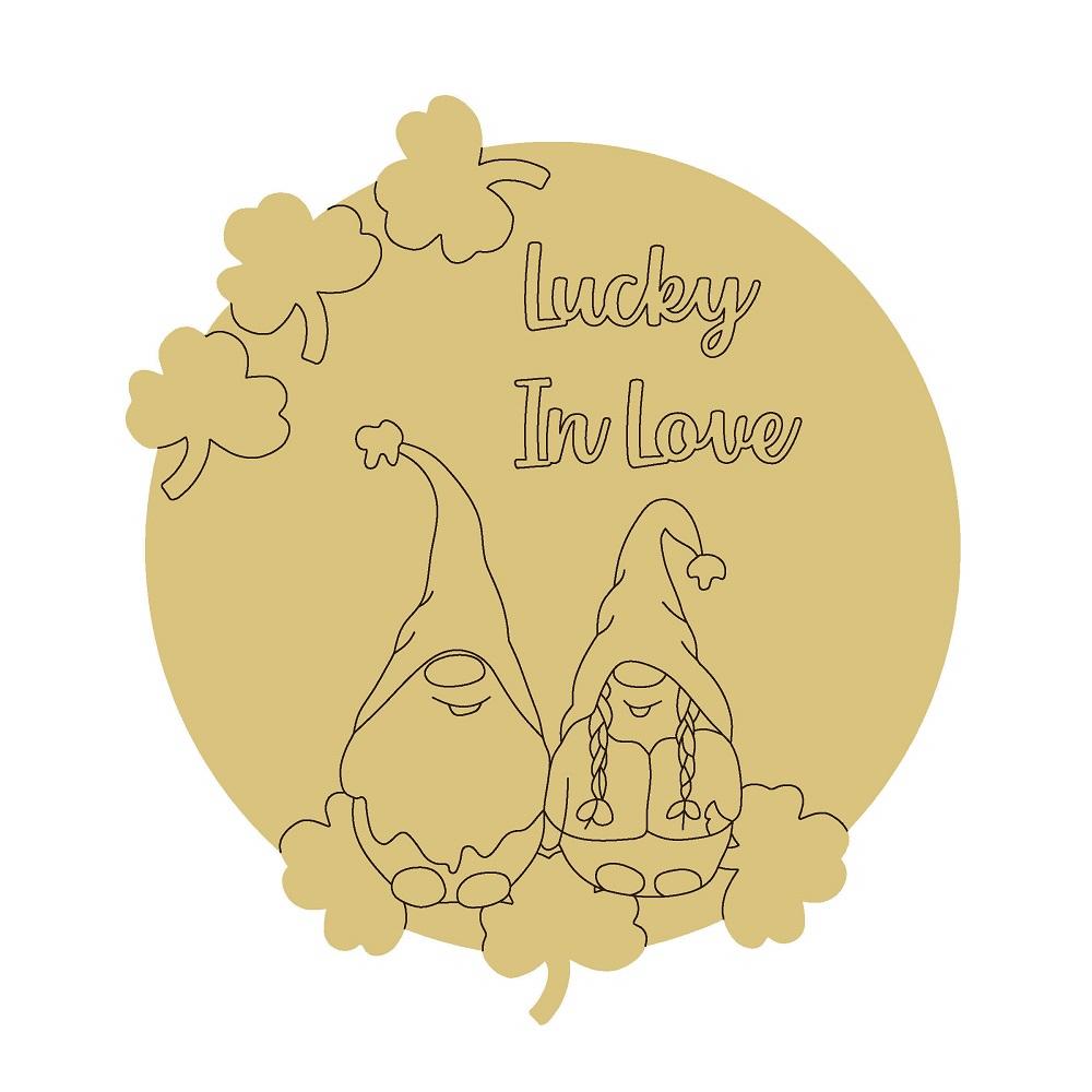 Design By Line Round MDF Cutout Lucky In Love Gnome Couple - Unfinished For DIY