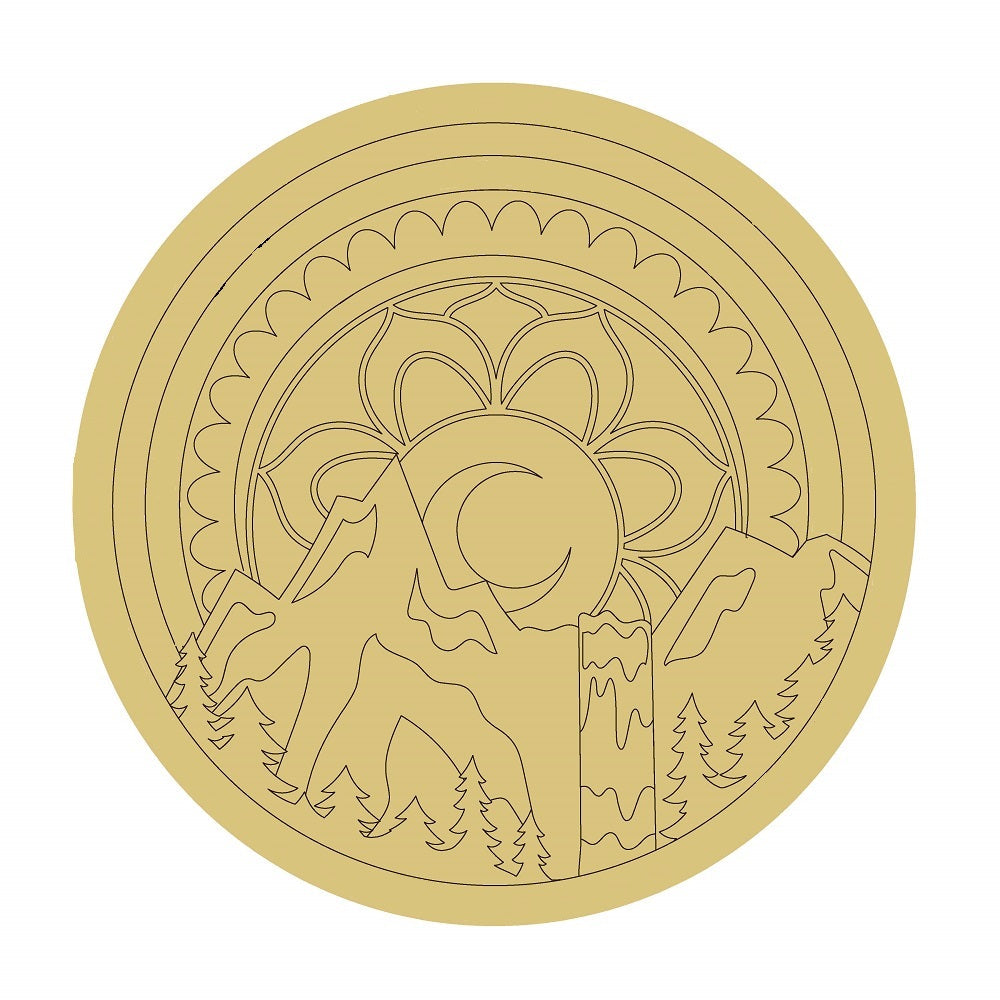 Design By Line Round MDF Cutout Mandala Forest Scene With Sun And Waterfall - Unfinished For DIY