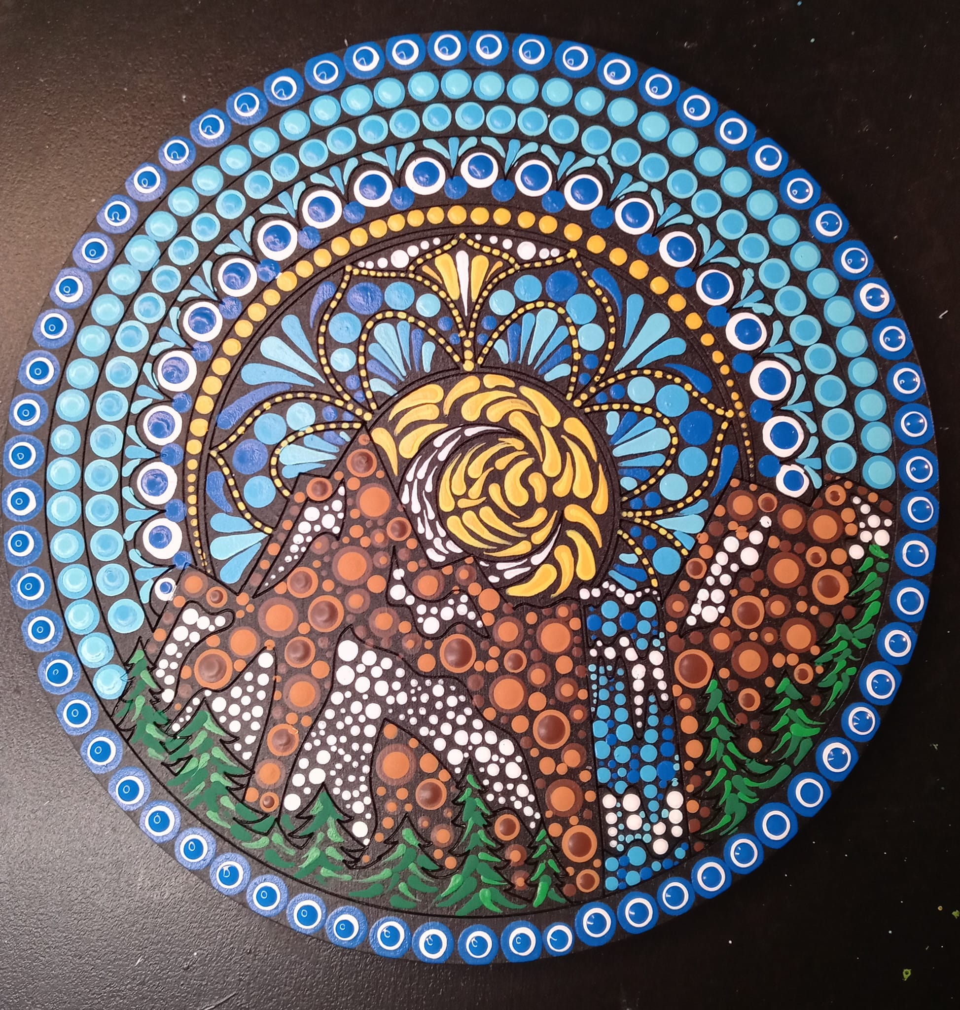 Design By Line Round MDF Cutout Mandala Forest Scene With Sun And Waterfall - Unfinished For DIY
