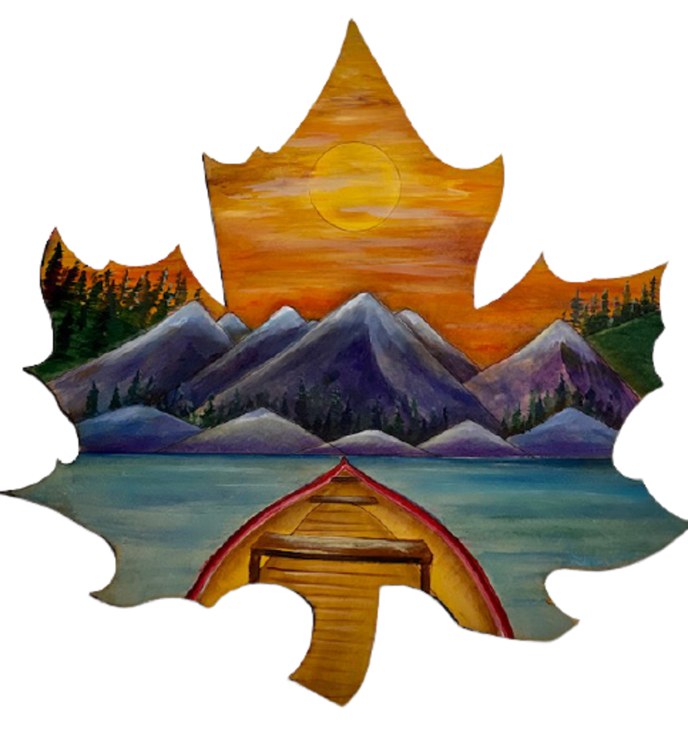 Design By Line Maple Leaf MDF Cutout Canoe On Lake With Mountain Range - Unfinished For DIY