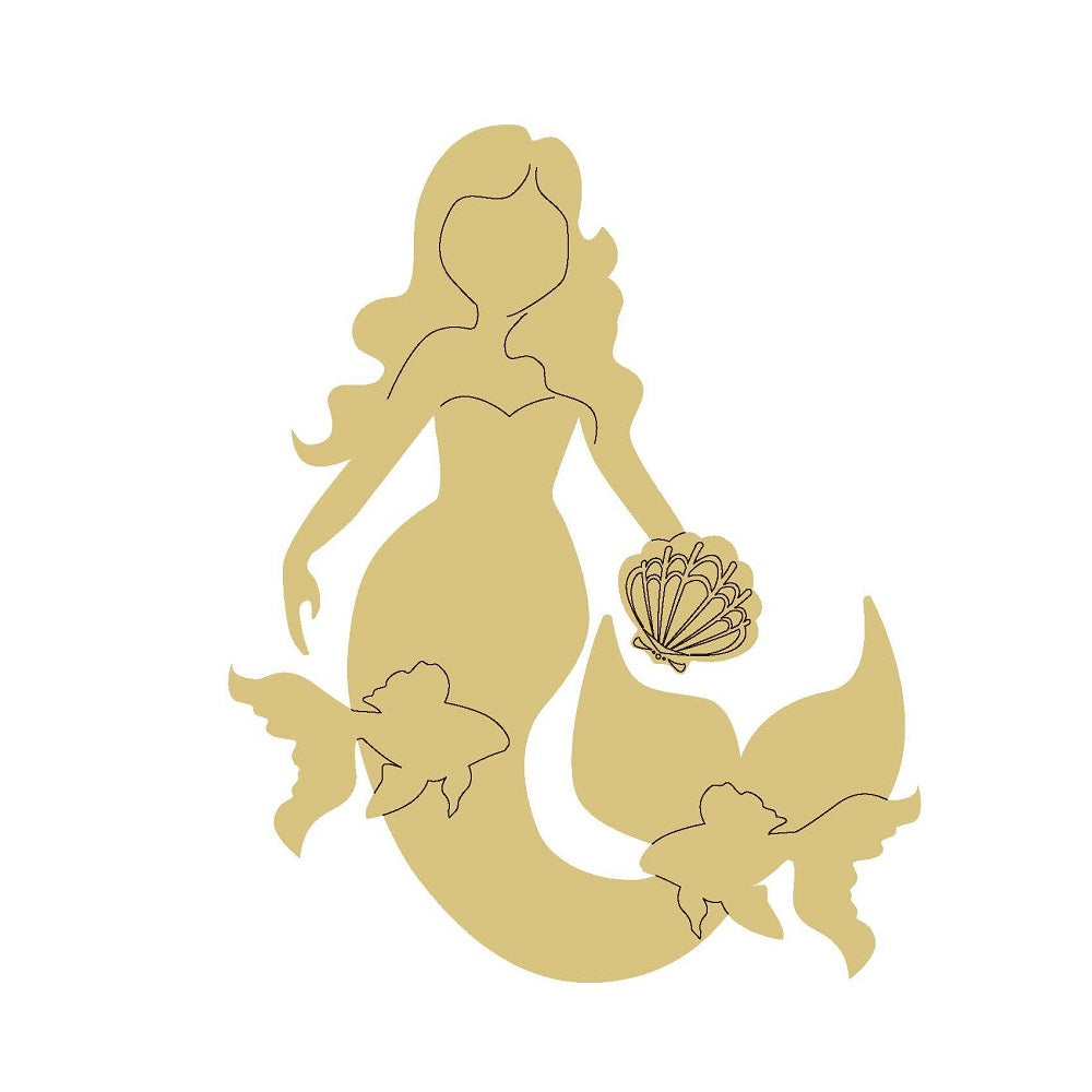 Design By Line Mermaid Silhouette MDF Cutout Shell And Fish - Unfinished For DIY