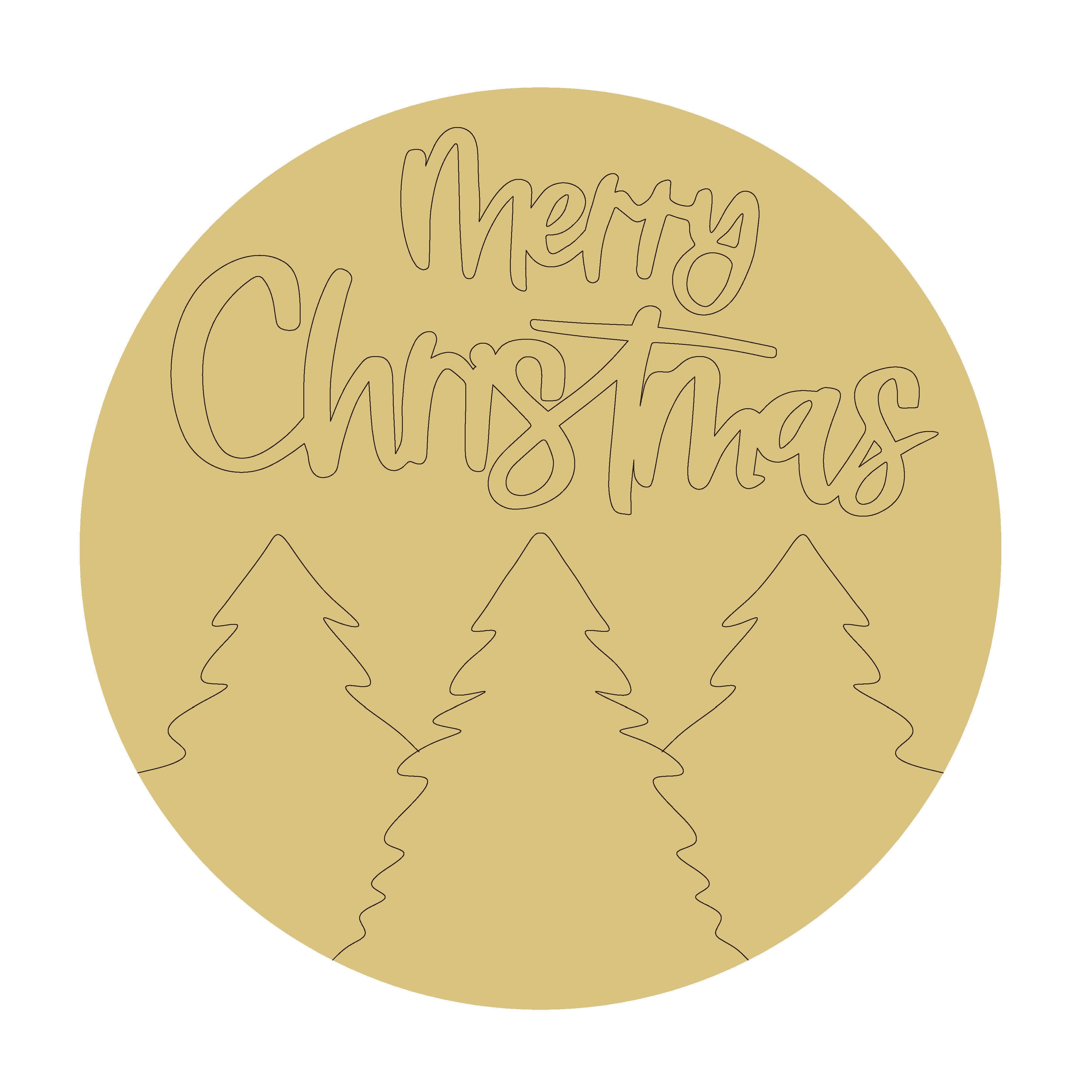 3D Round MDF Cutout Merry Christmas With Trees - Unfinished For DIY